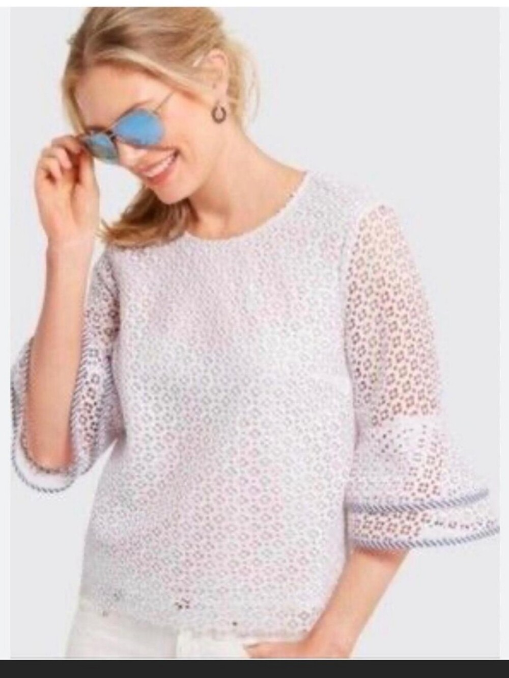 Draper James White Eyelet Lace Bell-Sleeve Blouse